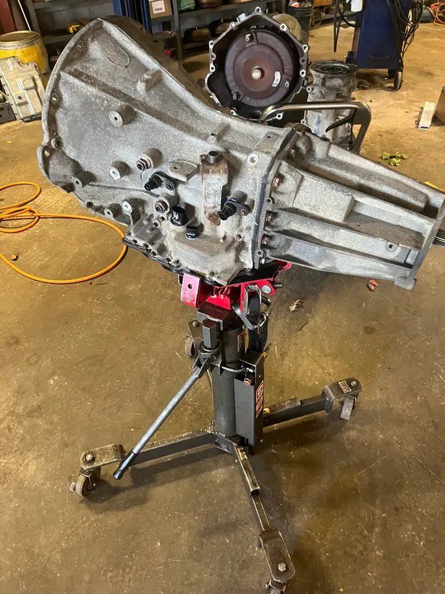 Transmission on a stand inside the workshop